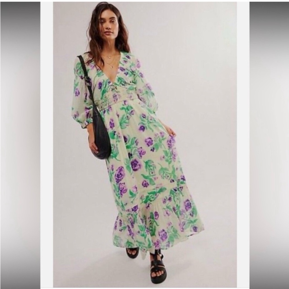 NWT Free People Floral Print Maxi Dress - Green and Purple M